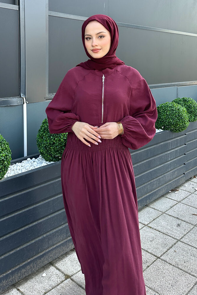 Fermuarlı Beli Büzgülü Modal Elbise - Bordo - 3