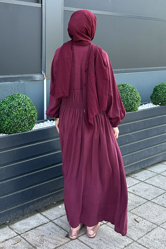 Fermuarlı Beli Büzgülü Modal Elbise - Bordo - 8