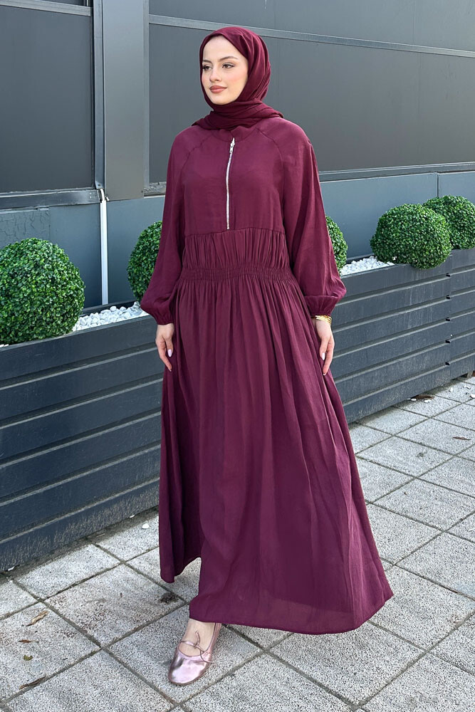 Fermuarlı Beli Büzgülü Modal Elbise - Bordo - HENZA (1)