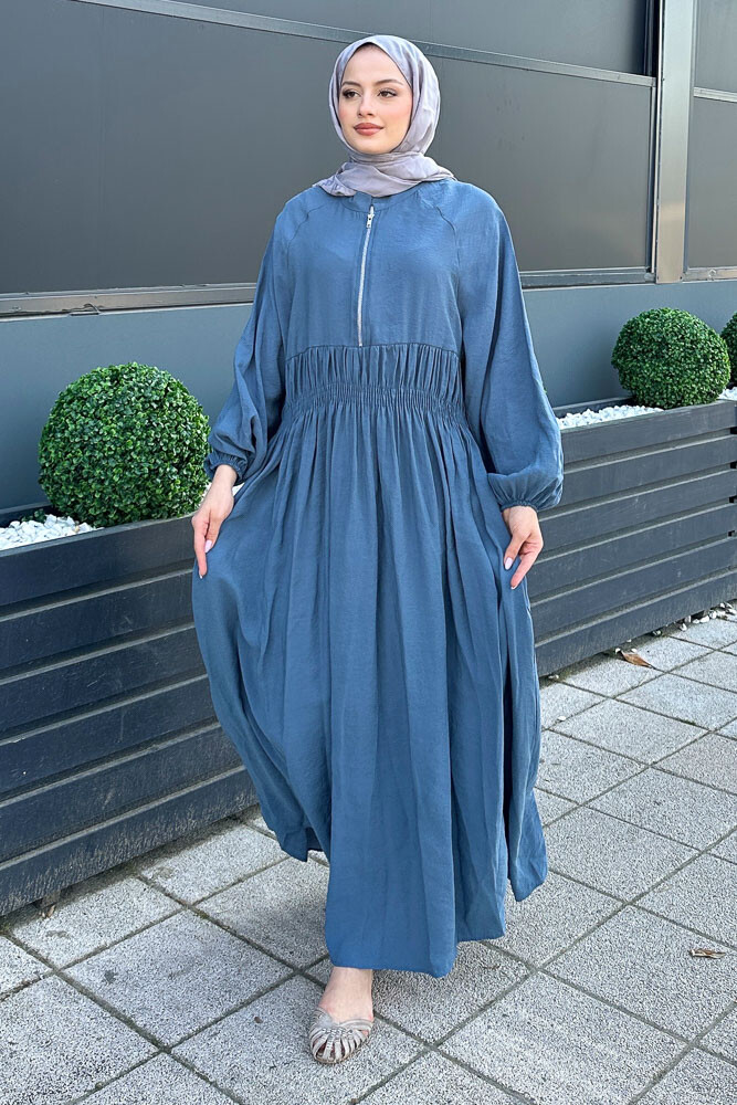 Fermuarlı Beli Büzgülü Modal Elbise - İndigo - HENZA (1)