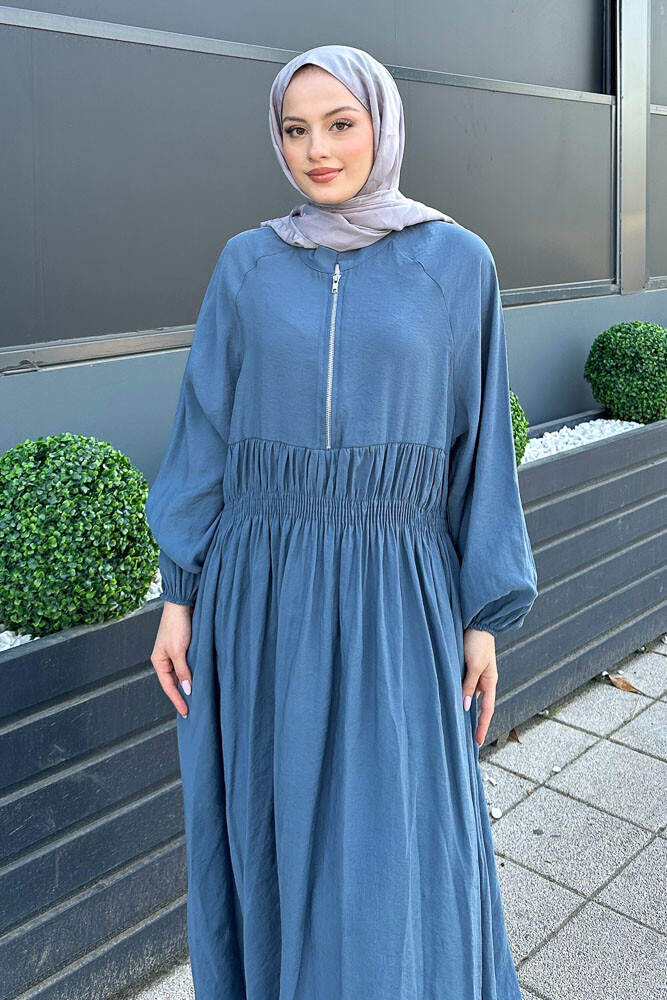 Fermuarlı Beli Büzgülü Modal Elbise - İndigo - HENZA (2)
