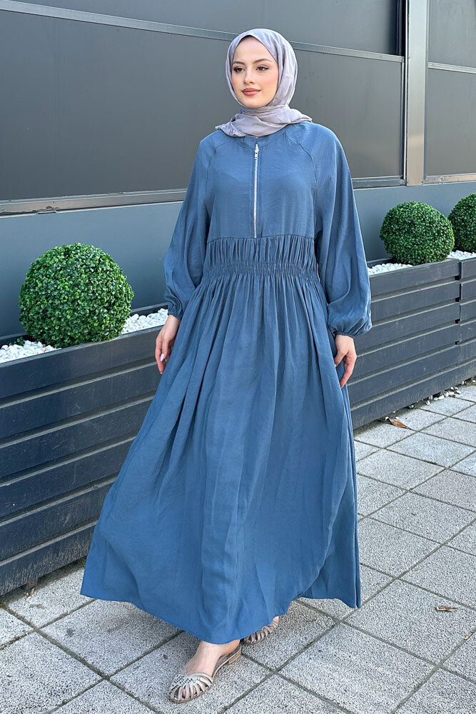 Fermuarlı Beli Büzgülü Modal Elbise - İndigo - HENZA (3)