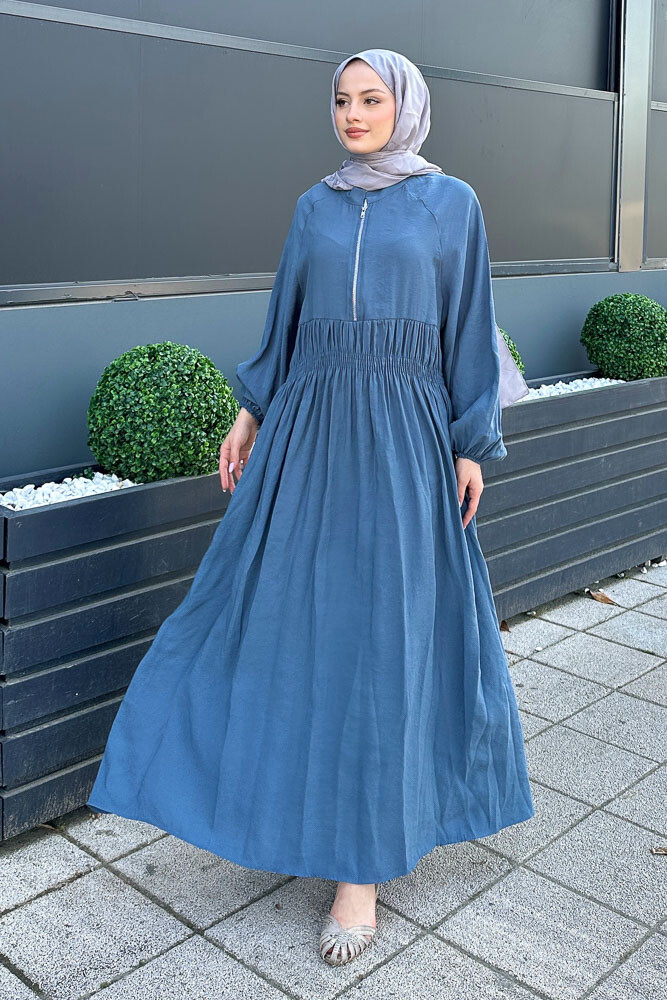 Fermuarlı Beli Büzgülü Modal Elbise - İndigo - HENZA (5)