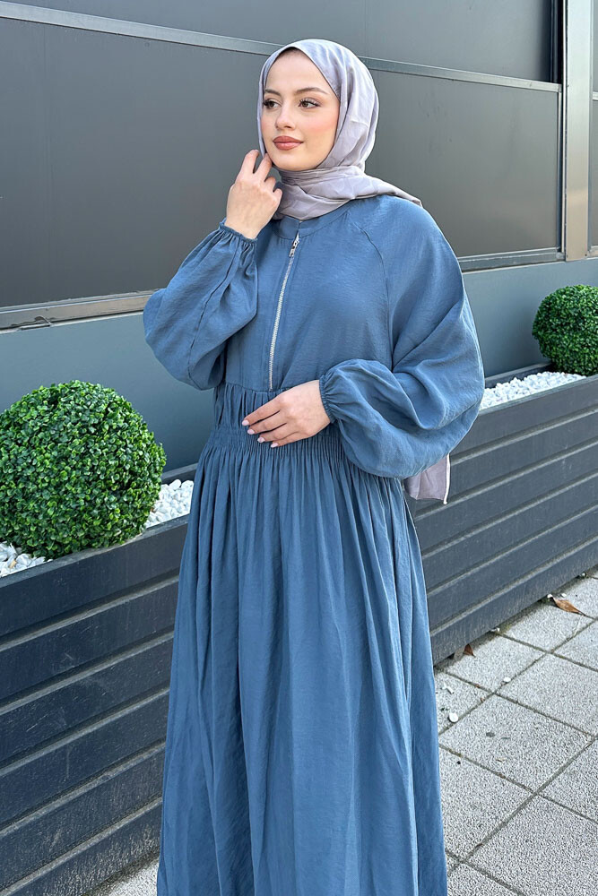 Fermuarlı Beli Büzgülü Modal Elbise - İndigo - HENZA (4)