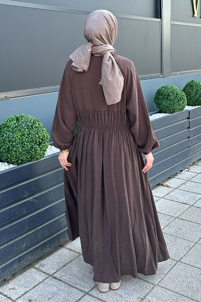 Fermuarlı Beli Büzgülü Modal Elbise - Kahverengi - HENZA (5)