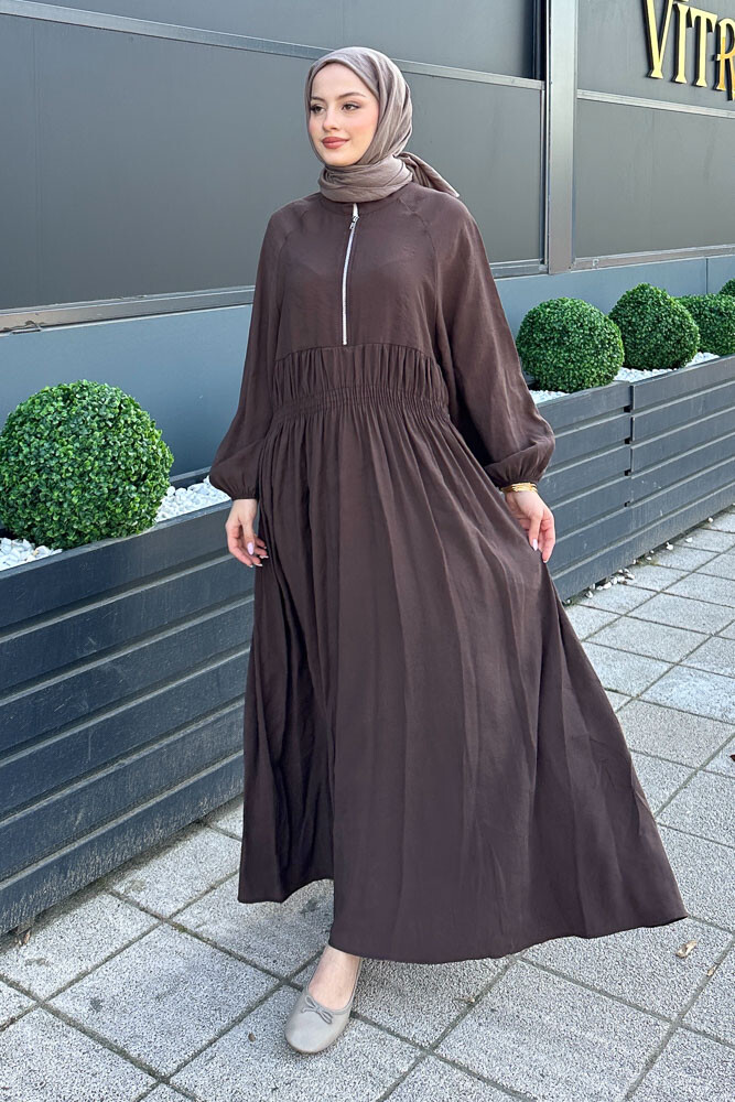 Fermuarlı Beli Büzgülü Modal Elbise - Kahverengi - 2