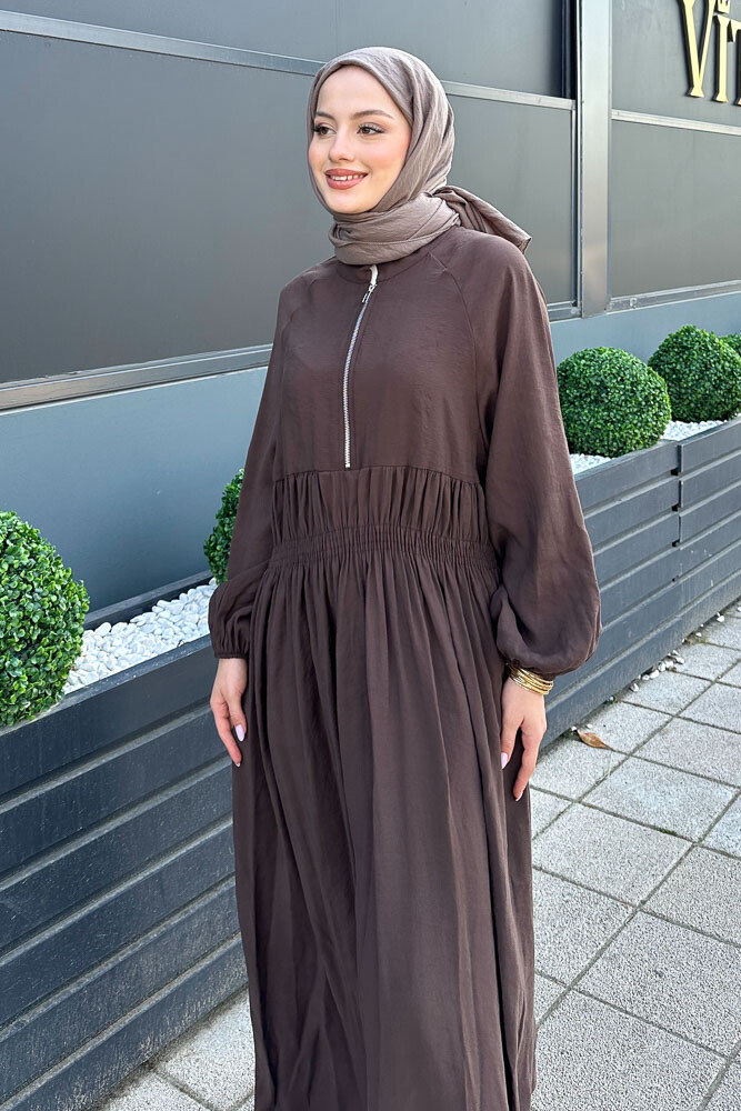 Fermuarlı Beli Büzgülü Modal Elbise - Kahverengi - 3