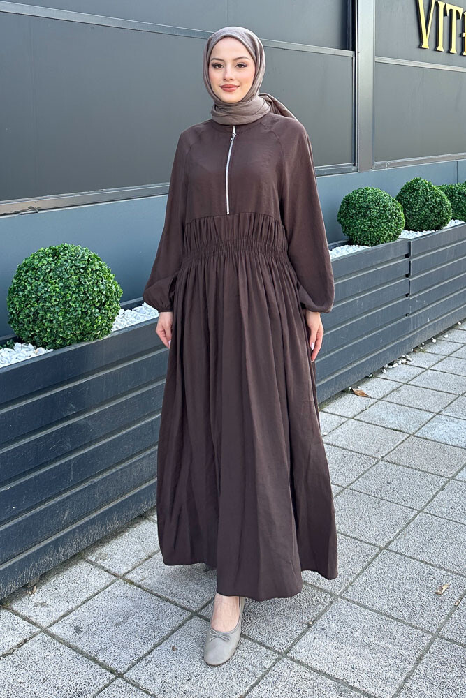 Fermuarlı Beli Büzgülü Modal Elbise - Kahverengi - HENZA (3)