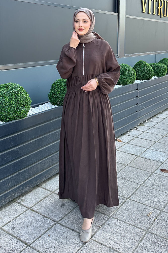 Fermuarlı Beli Büzgülü Modal Elbise - Kahverengi - HENZA (4)