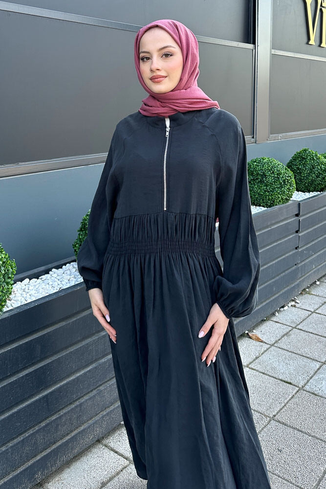 Fermuarlı Beli Büzgülü Modal Elbise - Siyah - 5