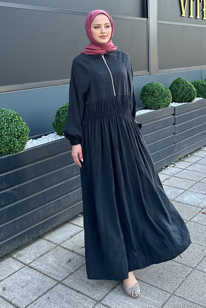 Fermuarlı Beli Büzgülü Modal Elbise - Siyah - HENZA (2)