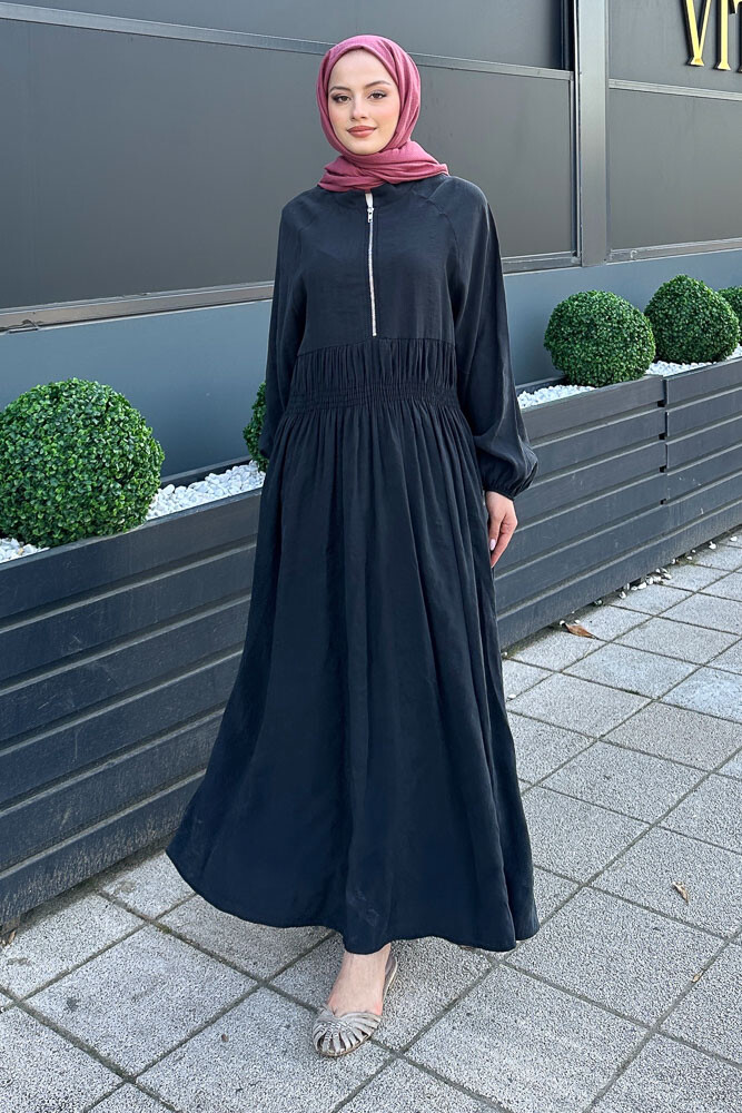 Fermuarlı Beli Büzgülü Modal Elbise - Siyah - HENZA (5)