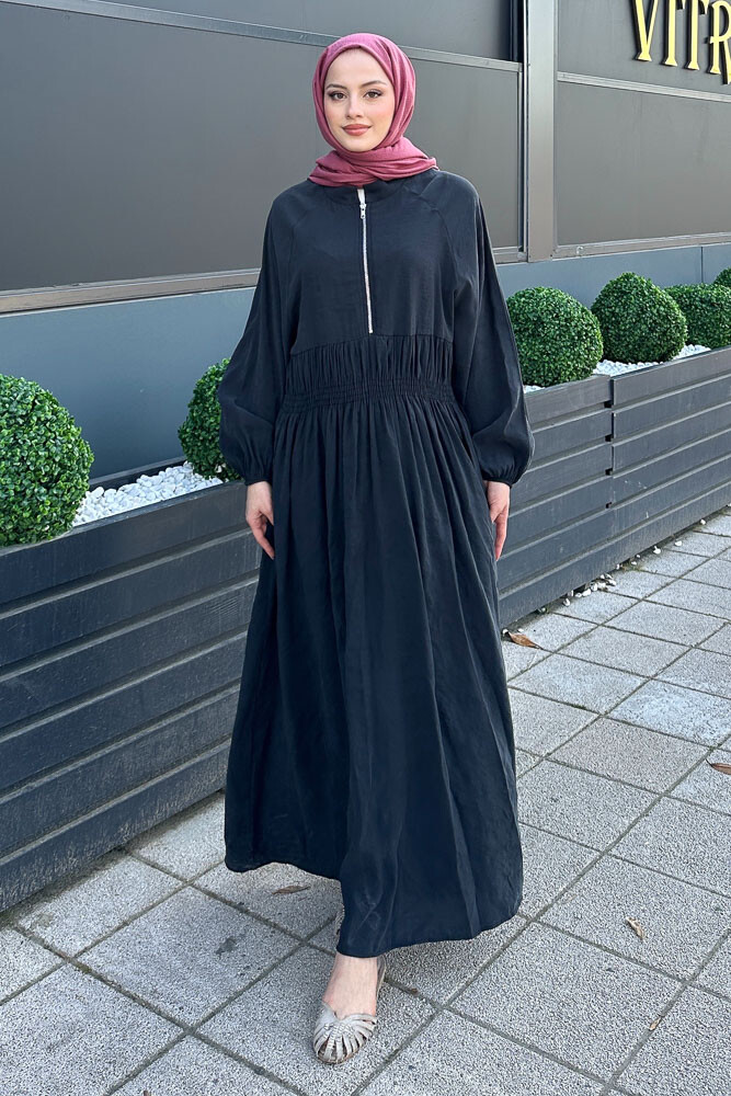 Fermuarlı Beli Büzgülü Modal Elbise - Siyah - HENZA (3)