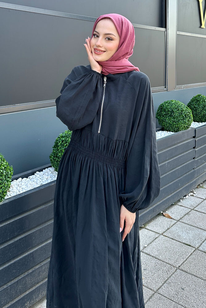 Fermuarlı Beli Büzgülü Modal Elbise - Siyah - HENZA (1)