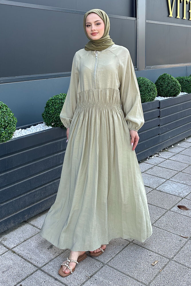 Fermuarlı Beli Büzgülü Modal Elbise - Su Yeşili - HENZA (3)