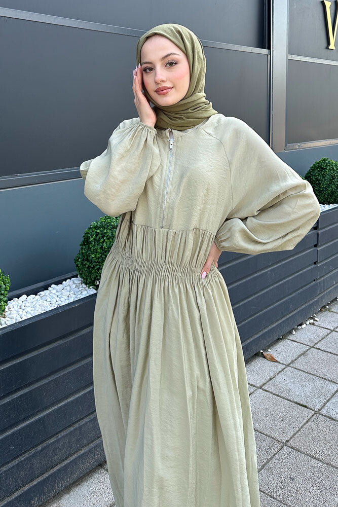 Fermuarlı Beli Büzgülü Modal Elbise - Su Yeşili - HENZA (2)