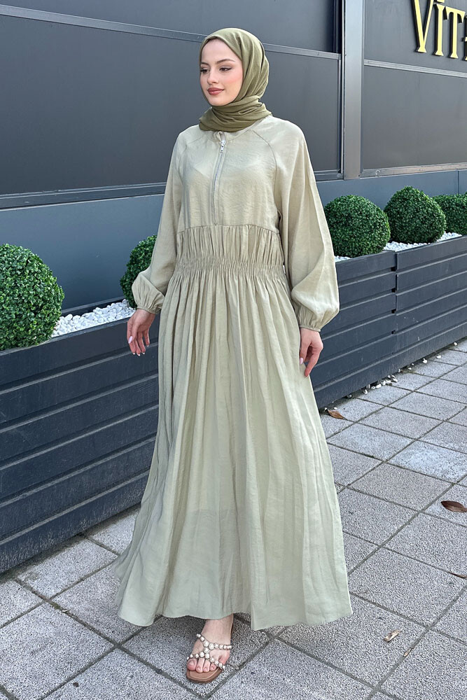 Fermuarlı Beli Büzgülü Modal Elbise - Su Yeşili - HENZA (1)