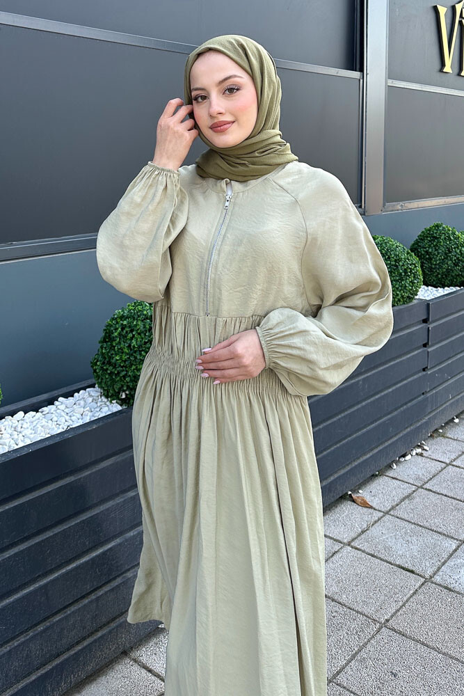 Fermuarlı Beli Büzgülü Modal Elbise - Su Yeşili - 6
