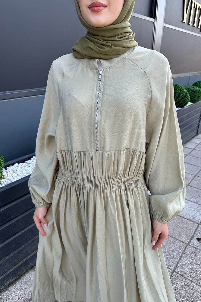 Fermuarlı Beli Büzgülü Modal Elbise - Su Yeşili - HENZA (4)