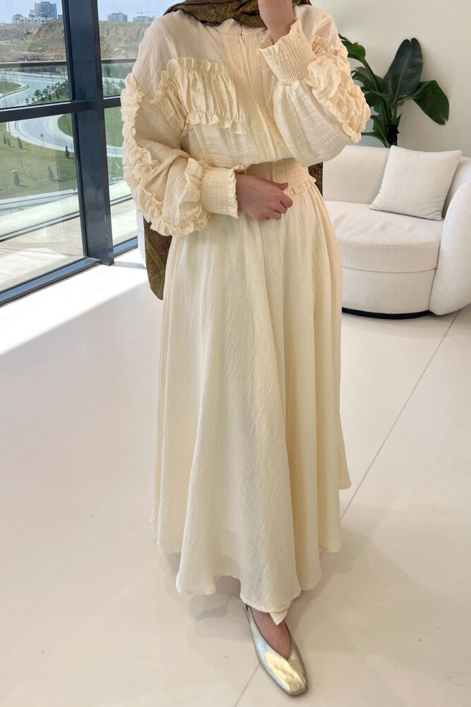 Fermuarlı Büzgü Detaylı Müslin Etek Takım - Bej - HEWES (5)