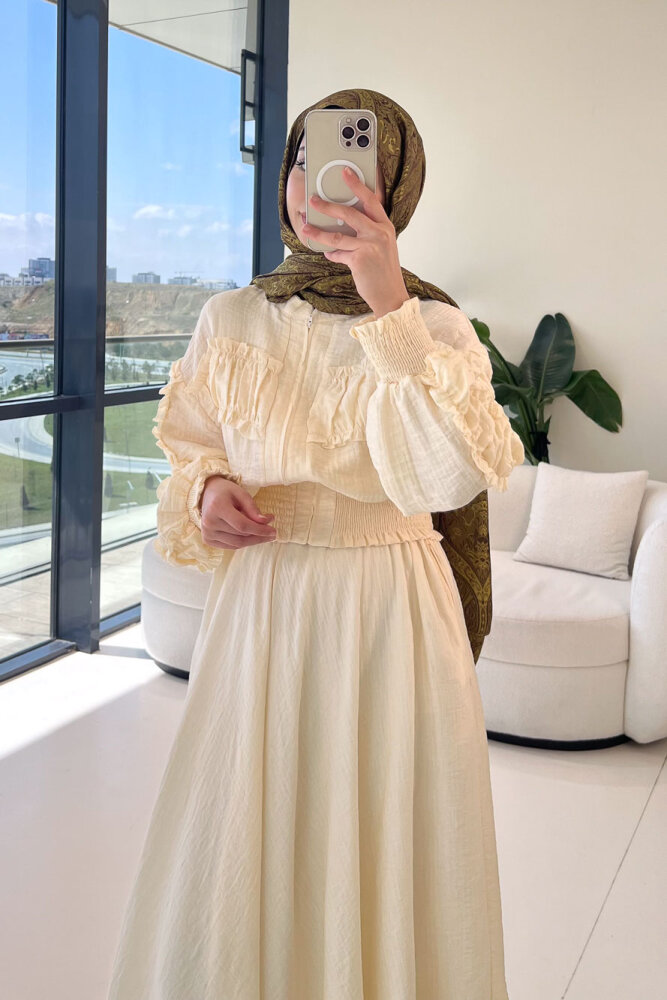 Fermuarlı Büzgü Detaylı Müslin Etek Takım - Bej - 3