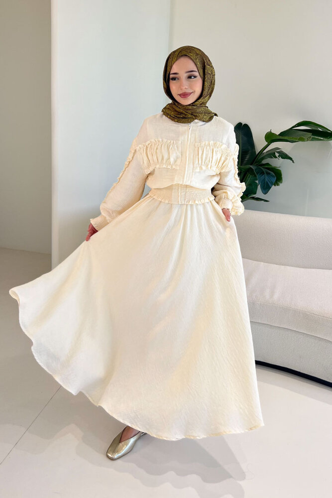 Fermuarlı Büzgü Detaylı Müslin Etek Takım - Bej - HEWES (4)
