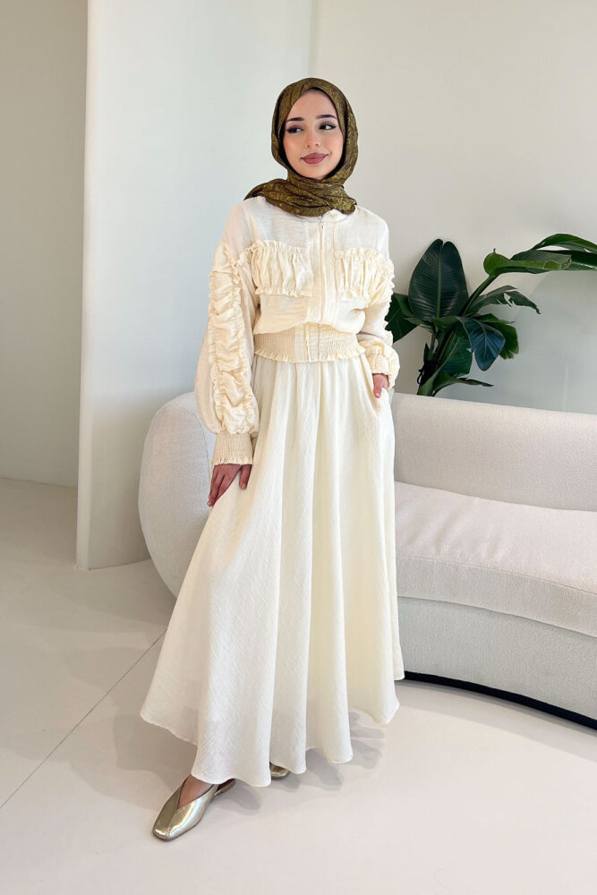 Fermuarlı Büzgü Detaylı Müslin Etek Takım - Bej - HEWES (1)