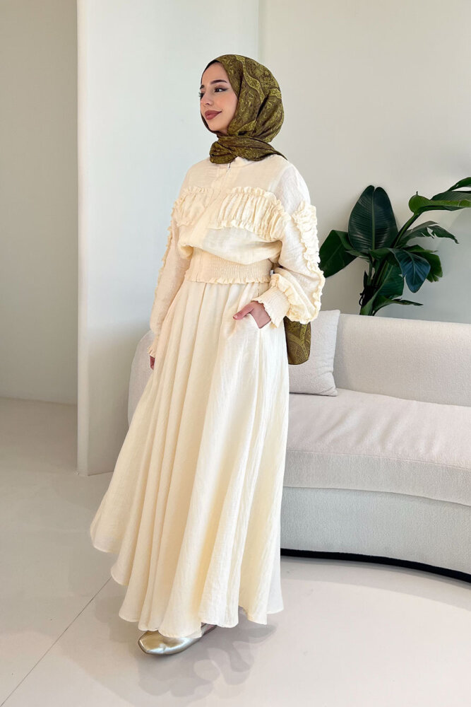 Fermuarlı Büzgü Detaylı Müslin Etek Takım - Bej - 4