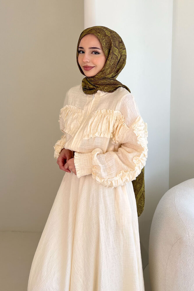 Fermuarlı Büzgü Detaylı Müslin Etek Takım - Bej - 7