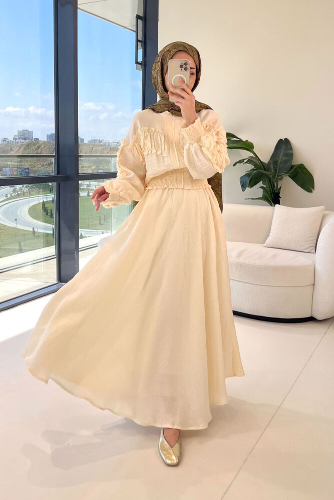 Fermuarlı Büzgü Detaylı Müslin Etek Takım - Bej - HEWES (0)