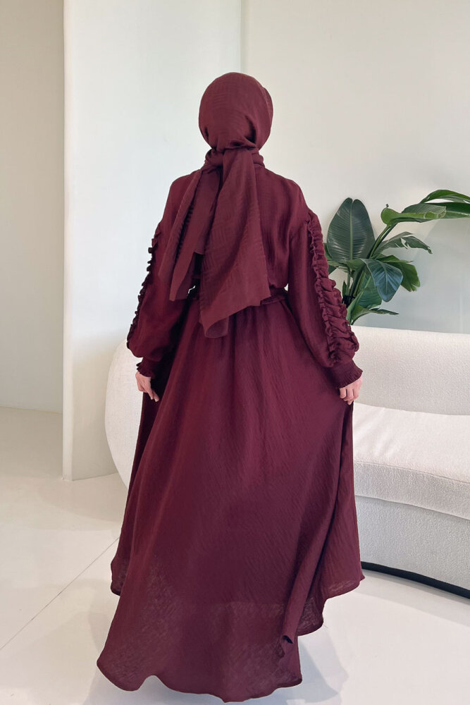 Fermuarlı Büzgü Detaylı Müslin Etek Takım - Bordo - 9