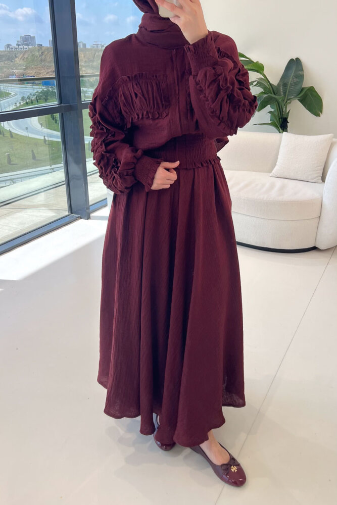 Fermuarlı Büzgü Detaylı Müslin Etek Takım - Bordo - 3