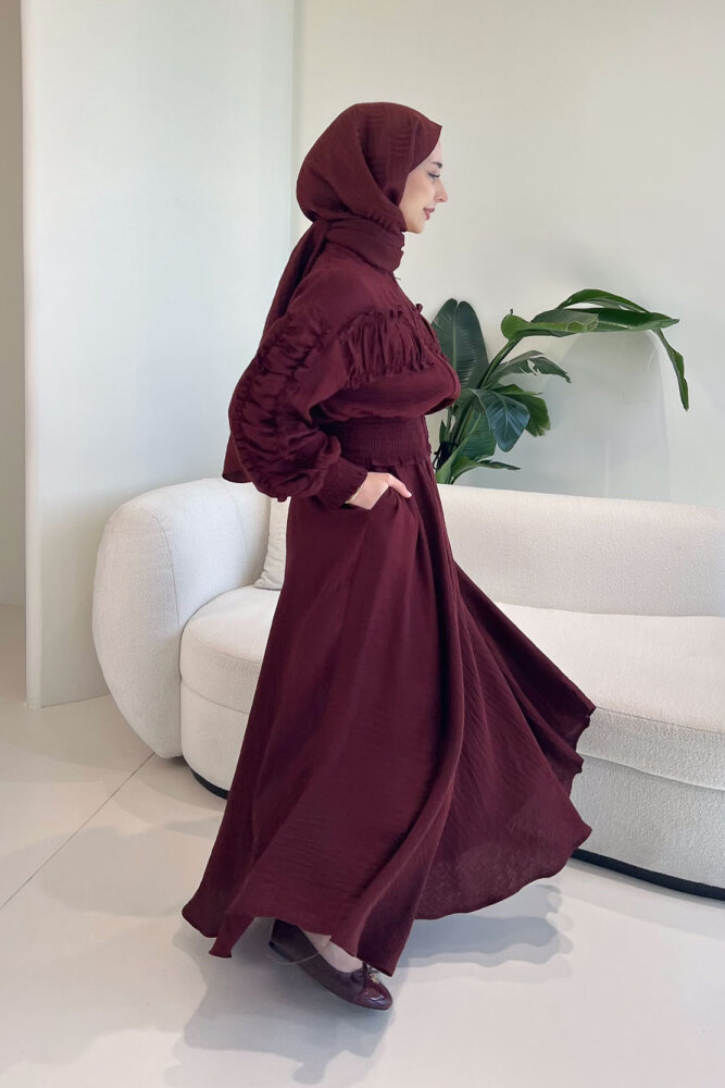 Fermuarlı Büzgü Detaylı Müslin Etek Takım - Bordo - 8