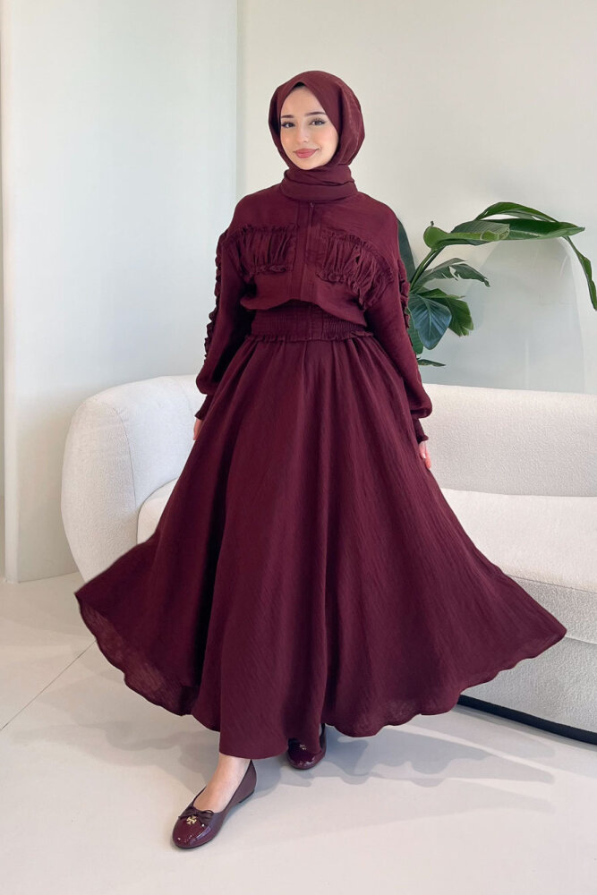 Fermuarlı Büzgü Detaylı Müslin Etek Takım - Bordo - 2