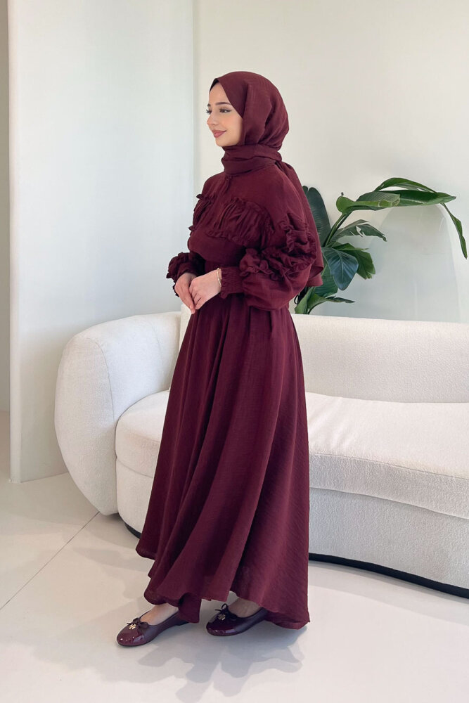 Fermuarlı Büzgü Detaylı Müslin Etek Takım - Bordo - 6
