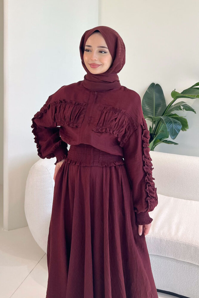 Fermuarlı Büzgü Detaylı Müslin Etek Takım - Bordo - 10