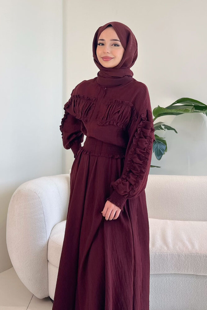 Fermuarlı Büzgü Detaylı Müslin Etek Takım - Bordo - 4