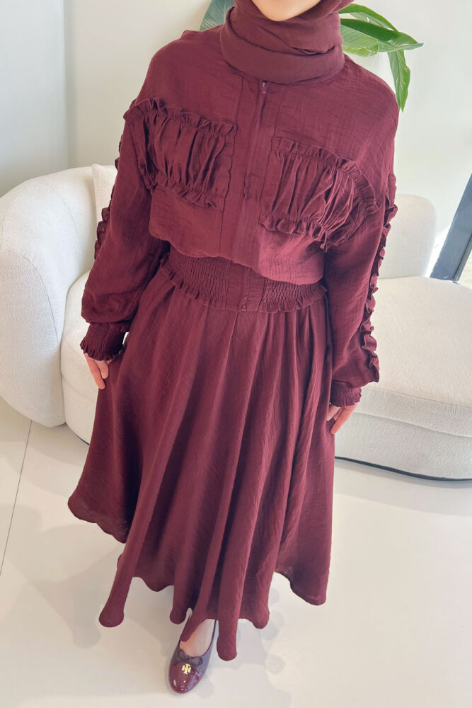 Fermuarlı Büzgü Detaylı Müslin Etek Takım - Bordo - 5