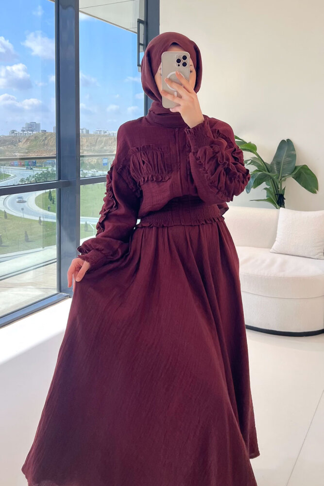 Fermuarlı Büzgü Detaylı Müslin Etek Takım - Bordo - 7