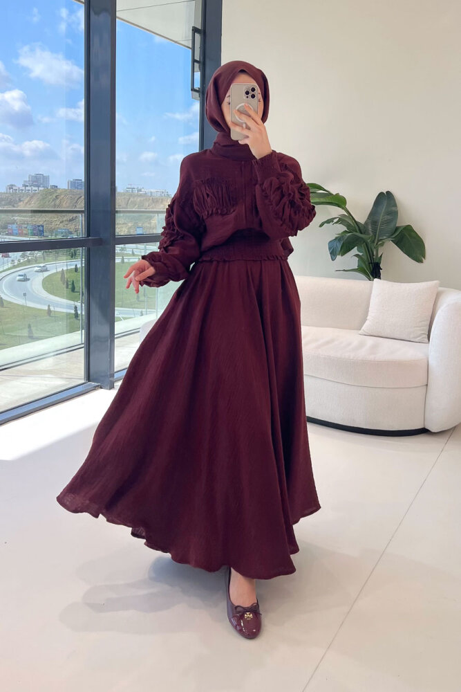 Fermuarlı Büzgü Detaylı Müslin Etek Takım - Bordo - 1