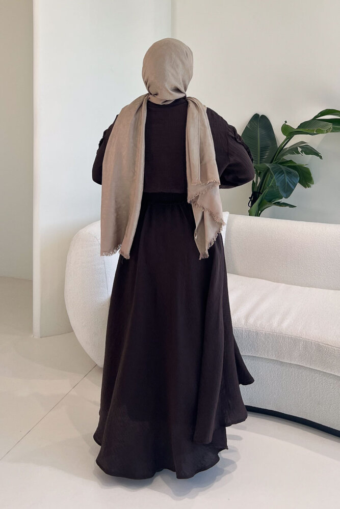 Fermuarlı Büzgü Detaylı Müslin Etek Takım - Kahverengi - 8