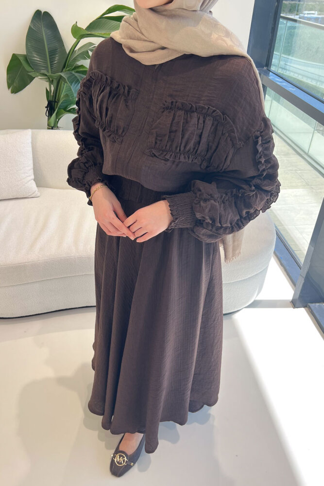 Fermuarlı Büzgü Detaylı Müslin Etek Takım - Kahverengi - 5