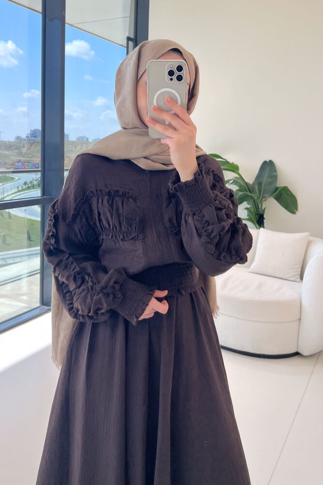 Fermuarlı Büzgü Detaylı Müslin Etek Takım - Kahverengi - 3