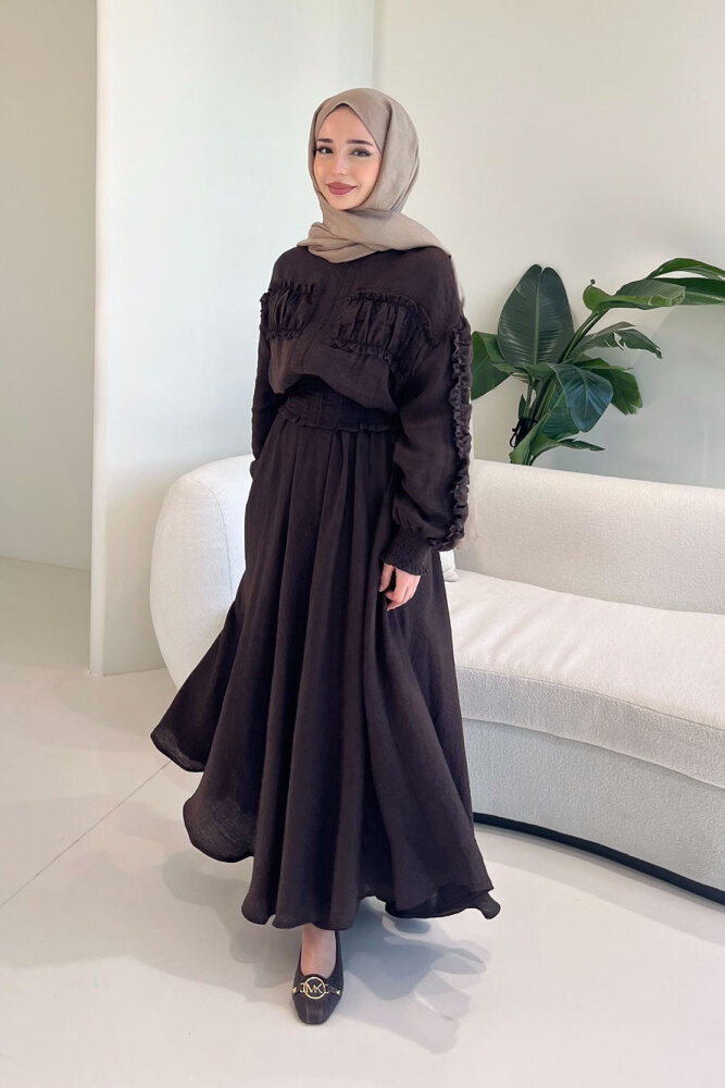 Fermuarlı Büzgü Detaylı Müslin Etek Takım - Kahverengi - 4