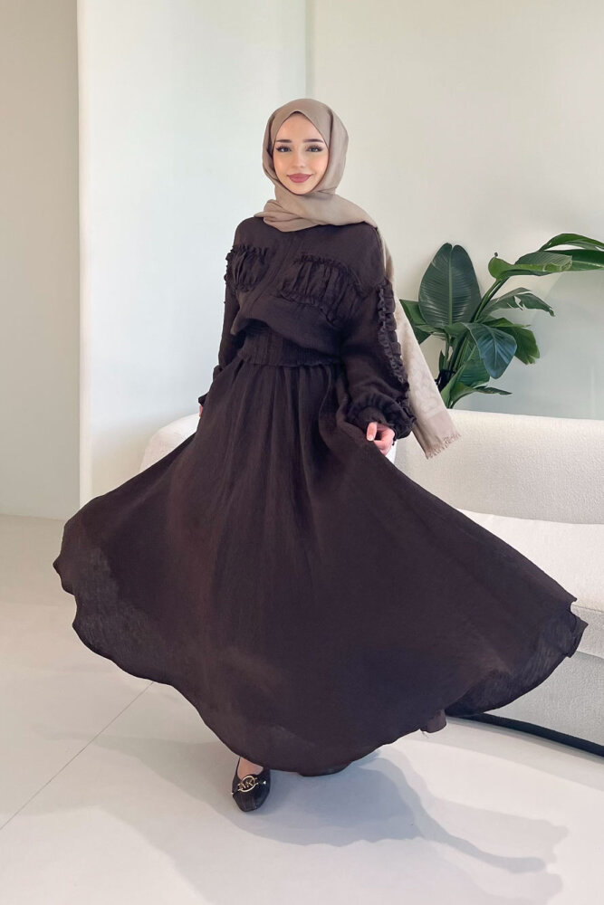 Fermuarlı Büzgü Detaylı Müslin Etek Takım - Kahverengi - 1