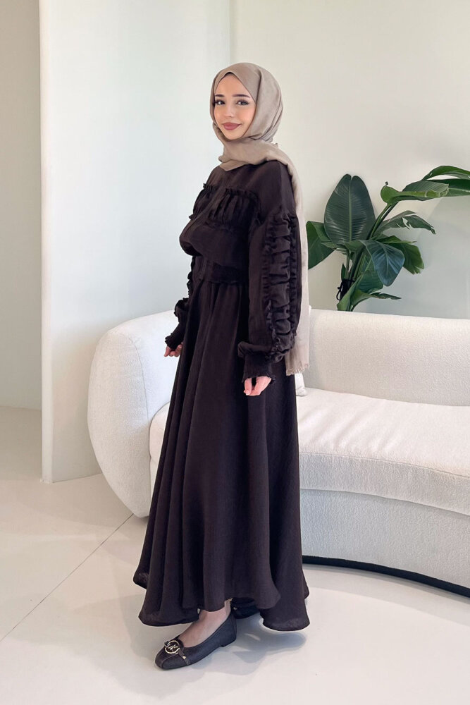 Fermuarlı Büzgü Detaylı Müslin Etek Takım - Kahverengi - 6