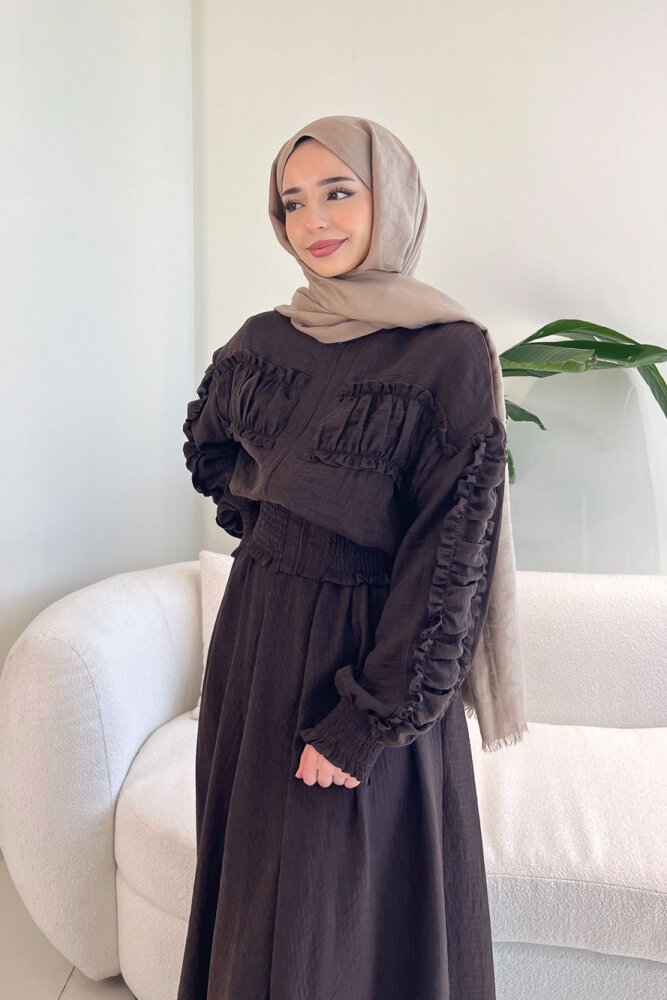 Fermuarlı Büzgü Detaylı Müslin Etek Takım - Kahverengi - 7