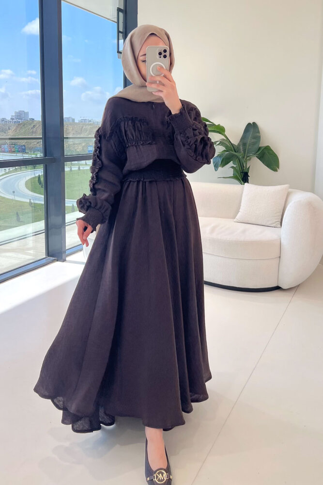 Fermuarlı Büzgü Detaylı Müslin Etek Takım - Kahverengi - HEWES (1)