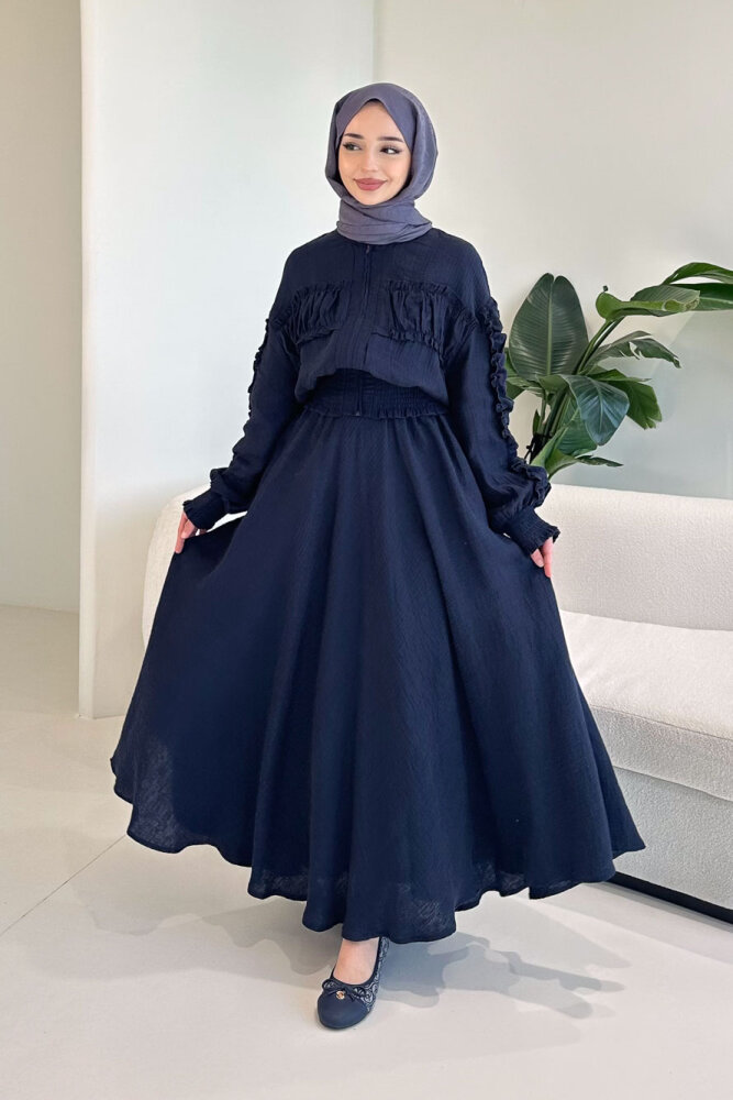 Fermuarlı Büzgü Detaylı Müslin Etek Takım - Lacivert - 7