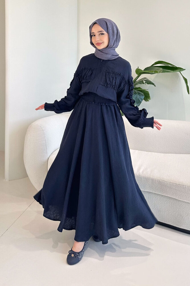 Fermuarlı Büzgü Detaylı Müslin Etek Takım - Lacivert - 5